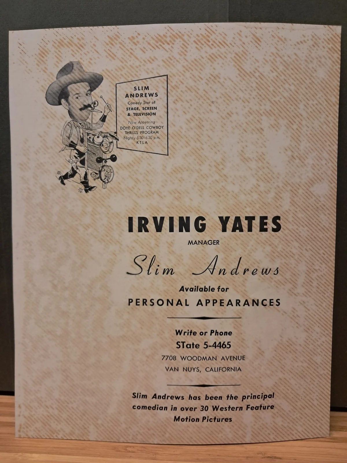 Slim Andrews — Slim Andrews autographed original photograph Signed Movies, изображение 2