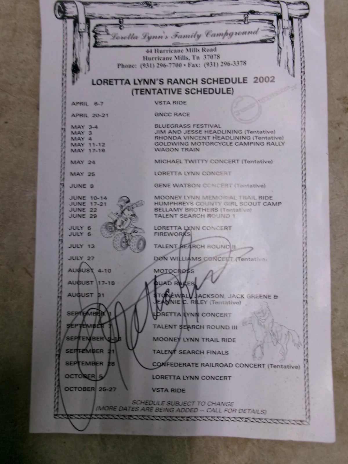 Loretta Lynn Signed Ranch Schedule 2002, image 2