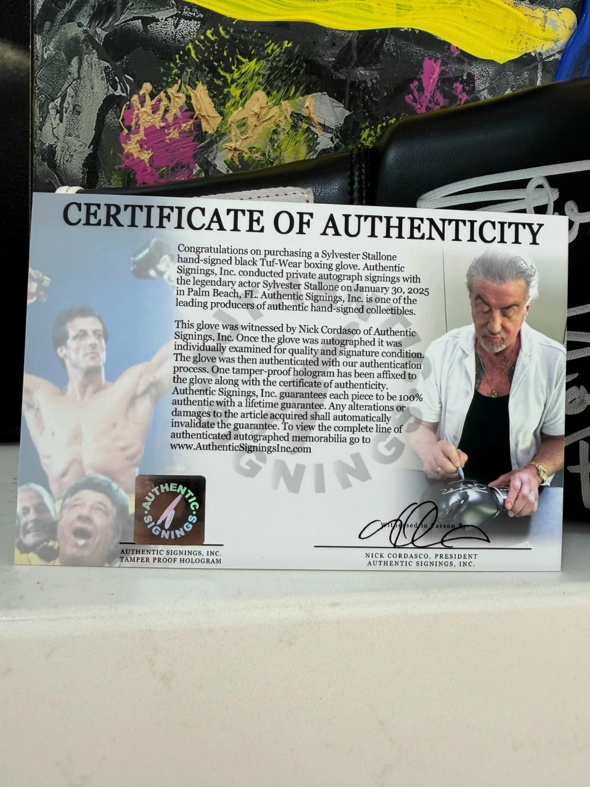 Sylvester Stallone — Sylvester Stallone Rocky Balboa Autographed Tuf Wear Black Glove ASI Proof, изображение 2