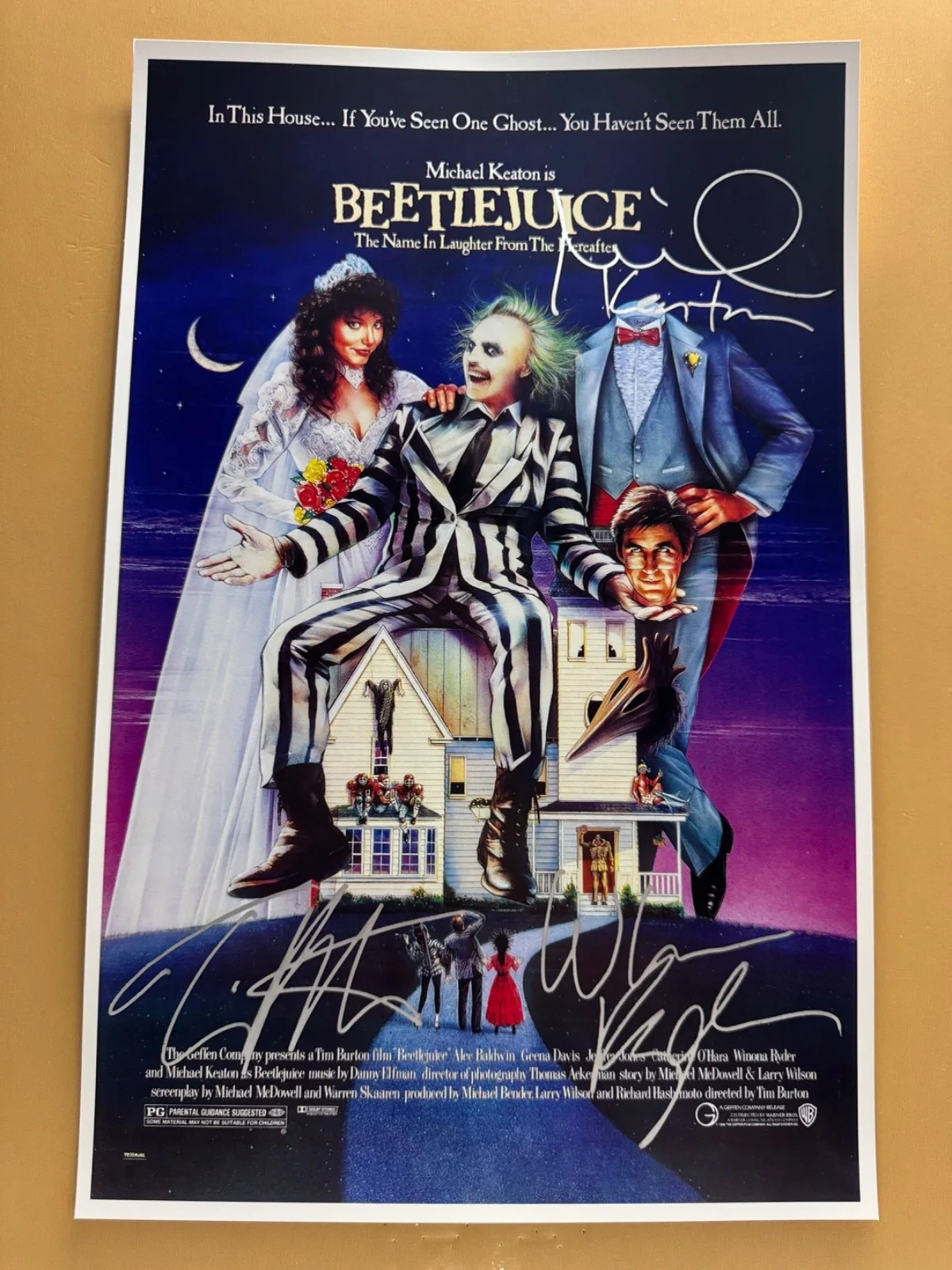 Michael Keaton, Winona Ryder, Tim Burton — SIGNED BEETLEJUICE 11x17 Movie Poster COA by 3 of the actors - Shipped FREE