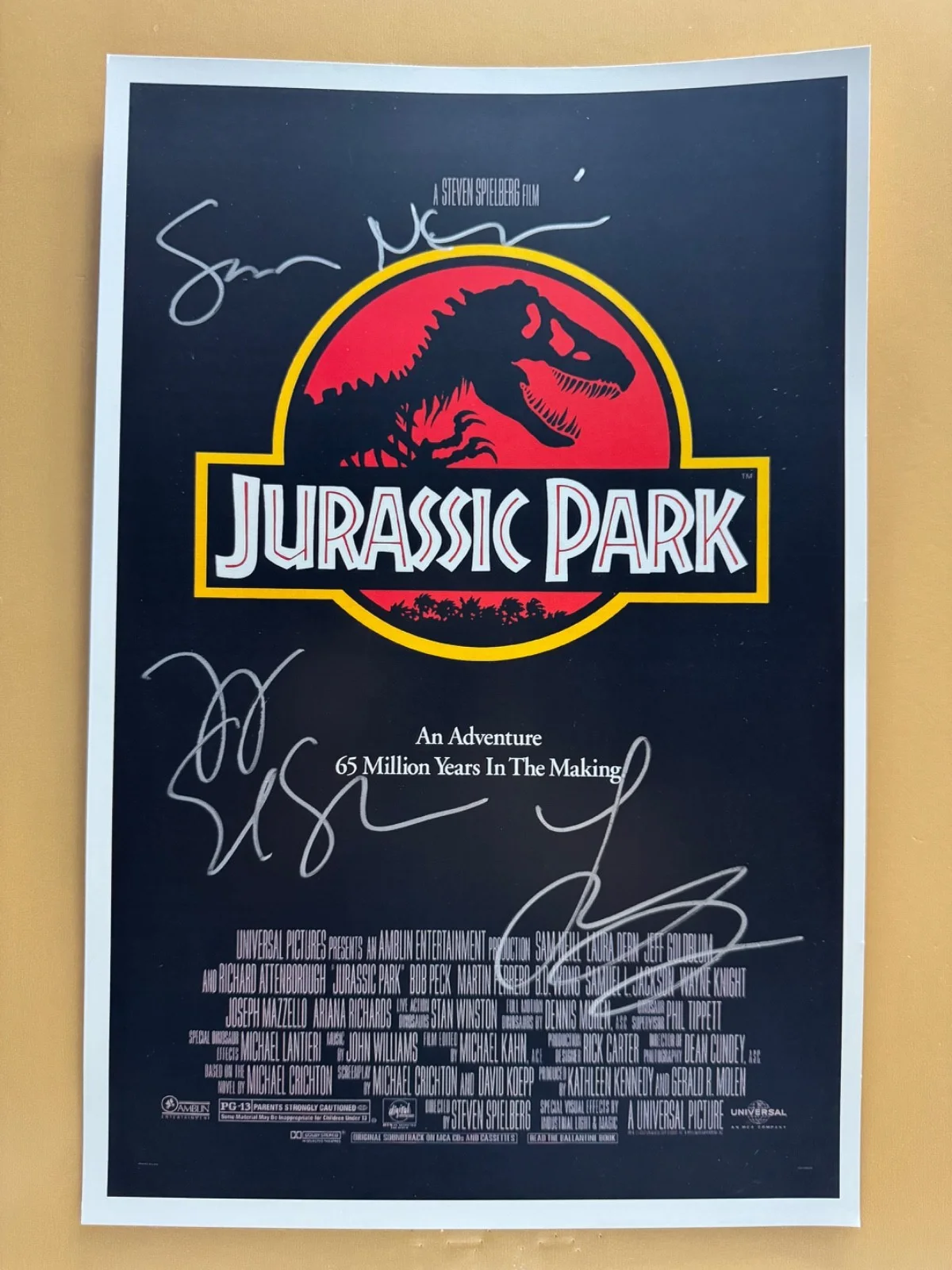 Sam Neill, Jeff Goldblum, Laura Dern — SIGNED JURASSIC PARK 11x17 Movie Poster COA by 3 cast members - Ships FREE