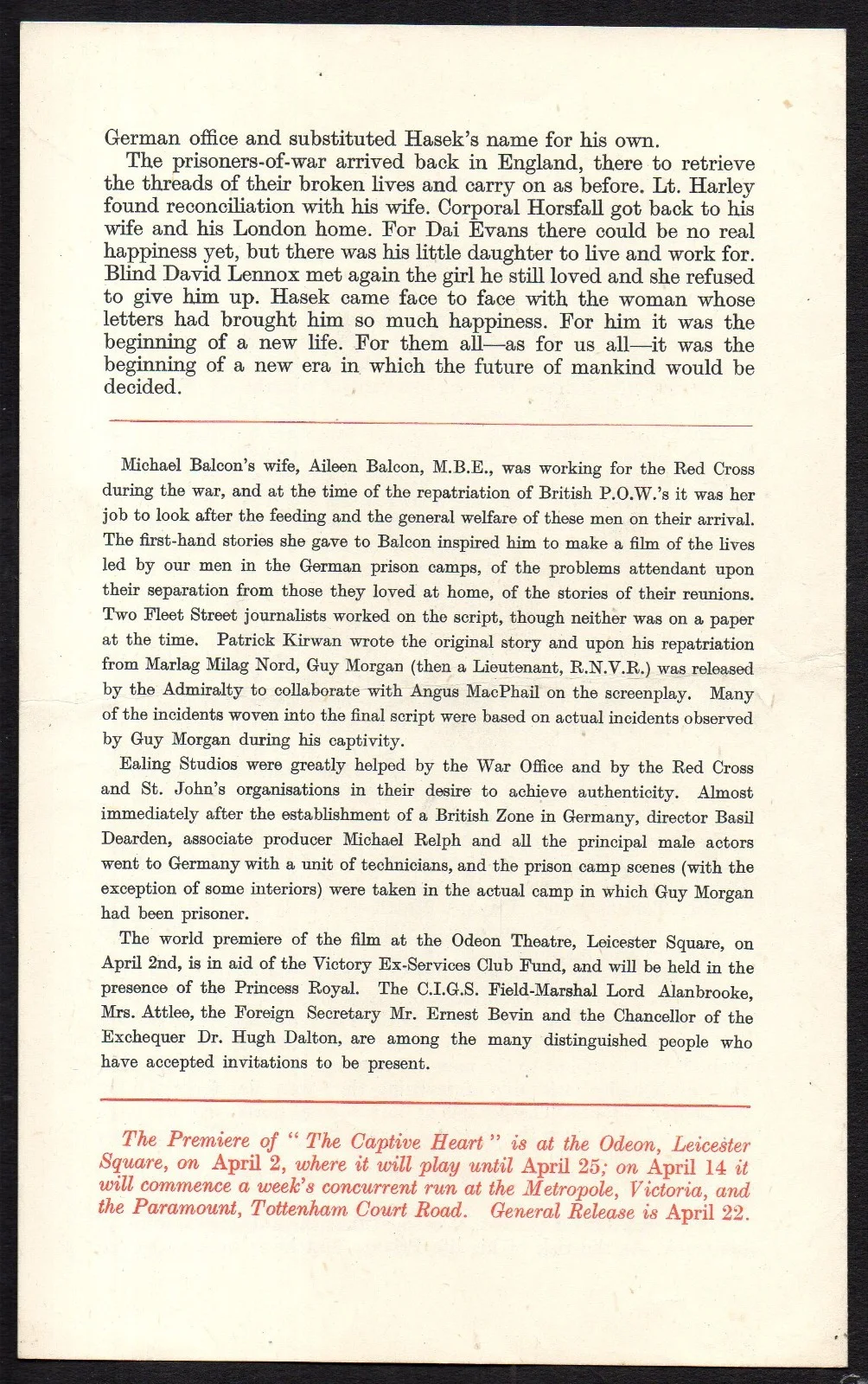 CAPTIVE HEART 1946 Michael Redgrave, Jack Warner, Basil Radford UK SYNOPSIS, image 3