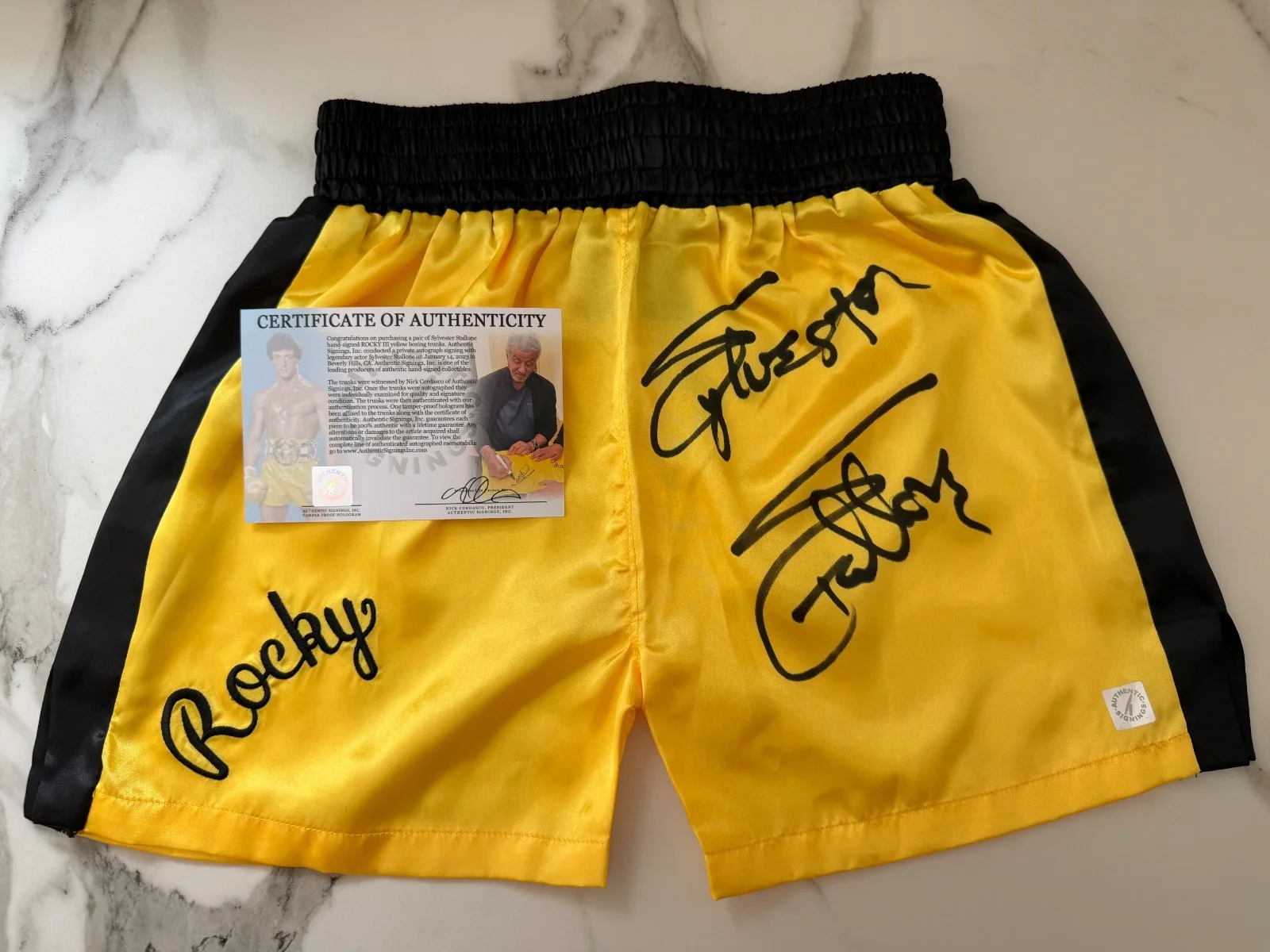 Sylvester Stallone — Sylvester Stallone Rocky Balboa Autographed ROCKY III Boxing Trunks ASI Proof