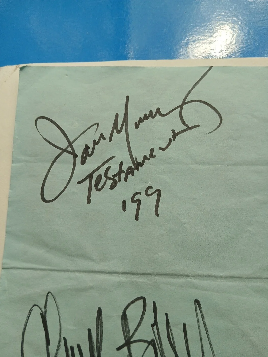 Rare line up! Testament Band Autographs on Blue Paper Signed by 4 Band members, image 2