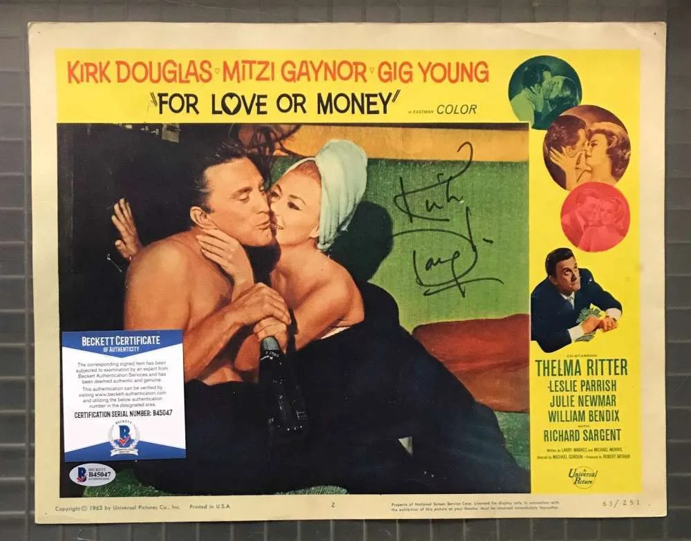 KIRK DOUGLAS — Kirk Douglas Bas Beckett Signed For Love Or Money Original Lobby Card Autograph
