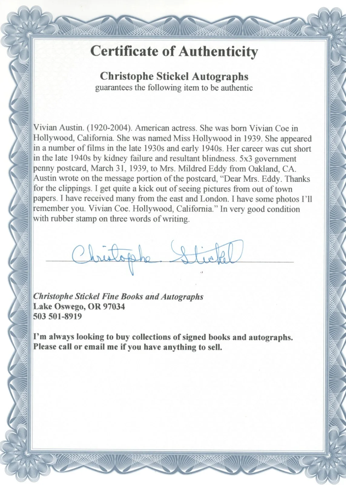 Vivian Austin — Vivian Austin. Miss Hollywood in 1939. Thank you note signed Vivian Coe. COA, изображение 3
