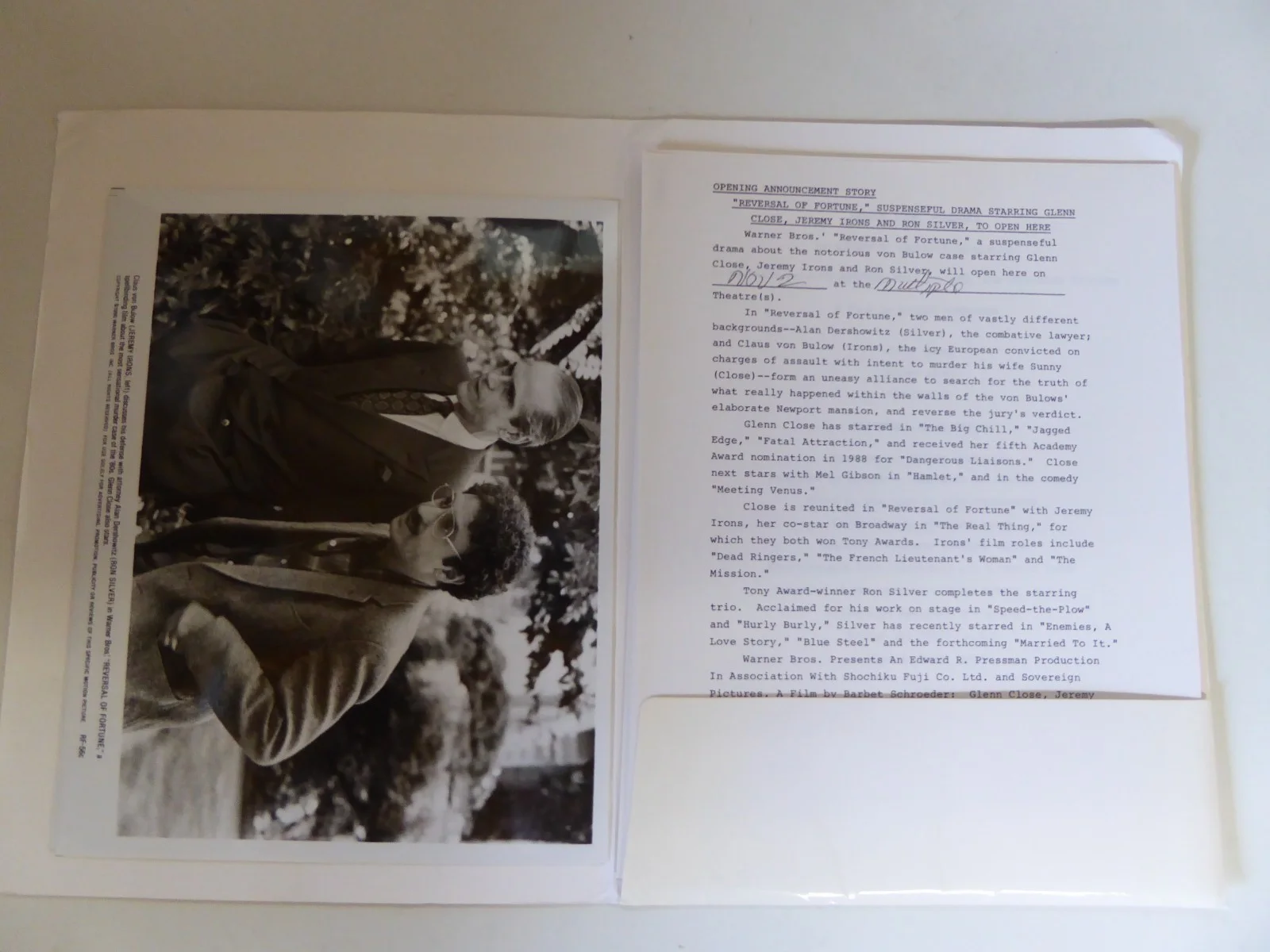 Reversal of Fortune Warner Bros Press Kit Glenn Close Jeremy Irons, image 5
