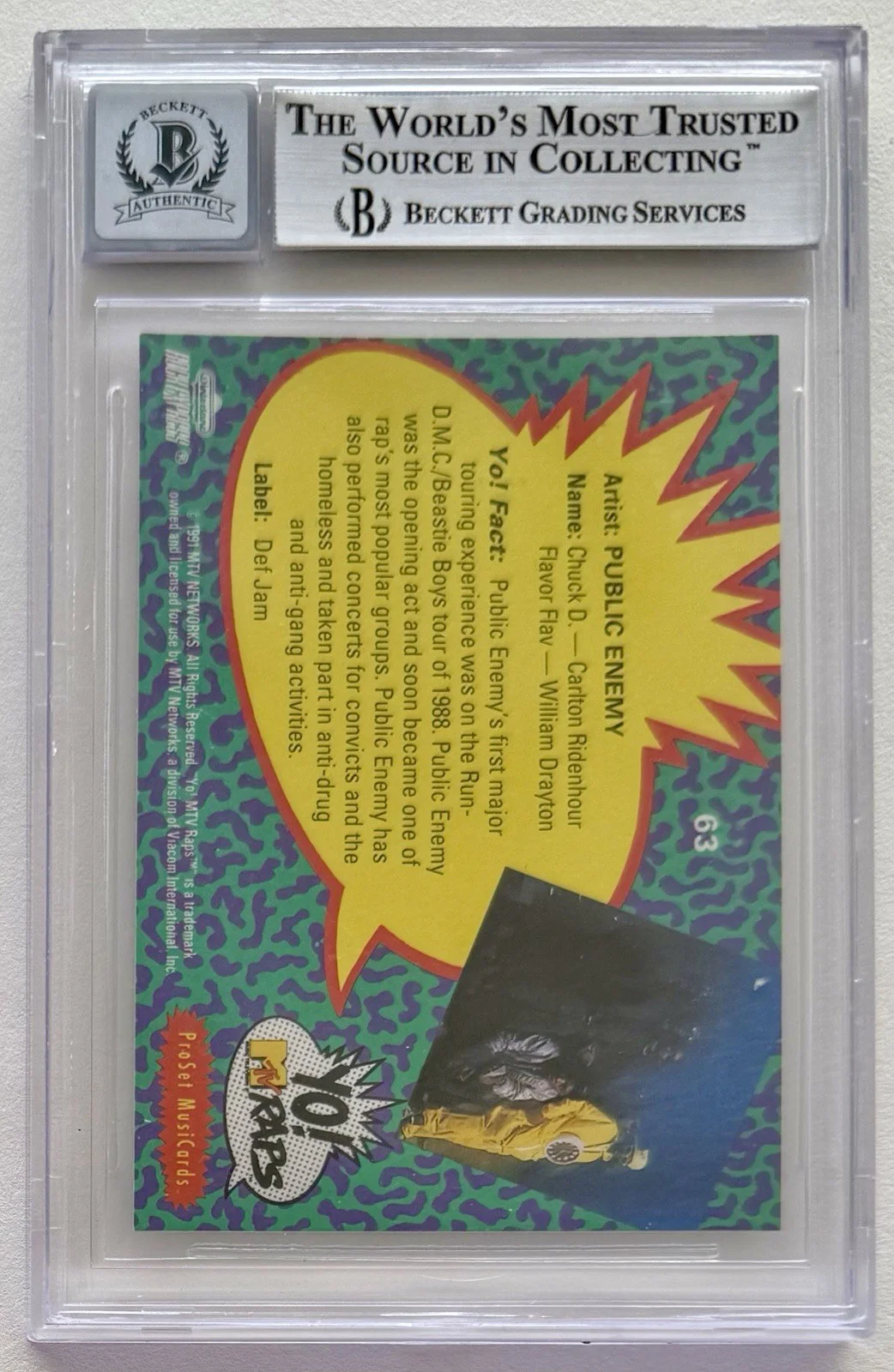 CHUCK D "PUBLIC ENEMY" SIGNED 1991 YO! MTV RAPS #63 BECKETT AUTHENTIC AUTO 10, изображение 2