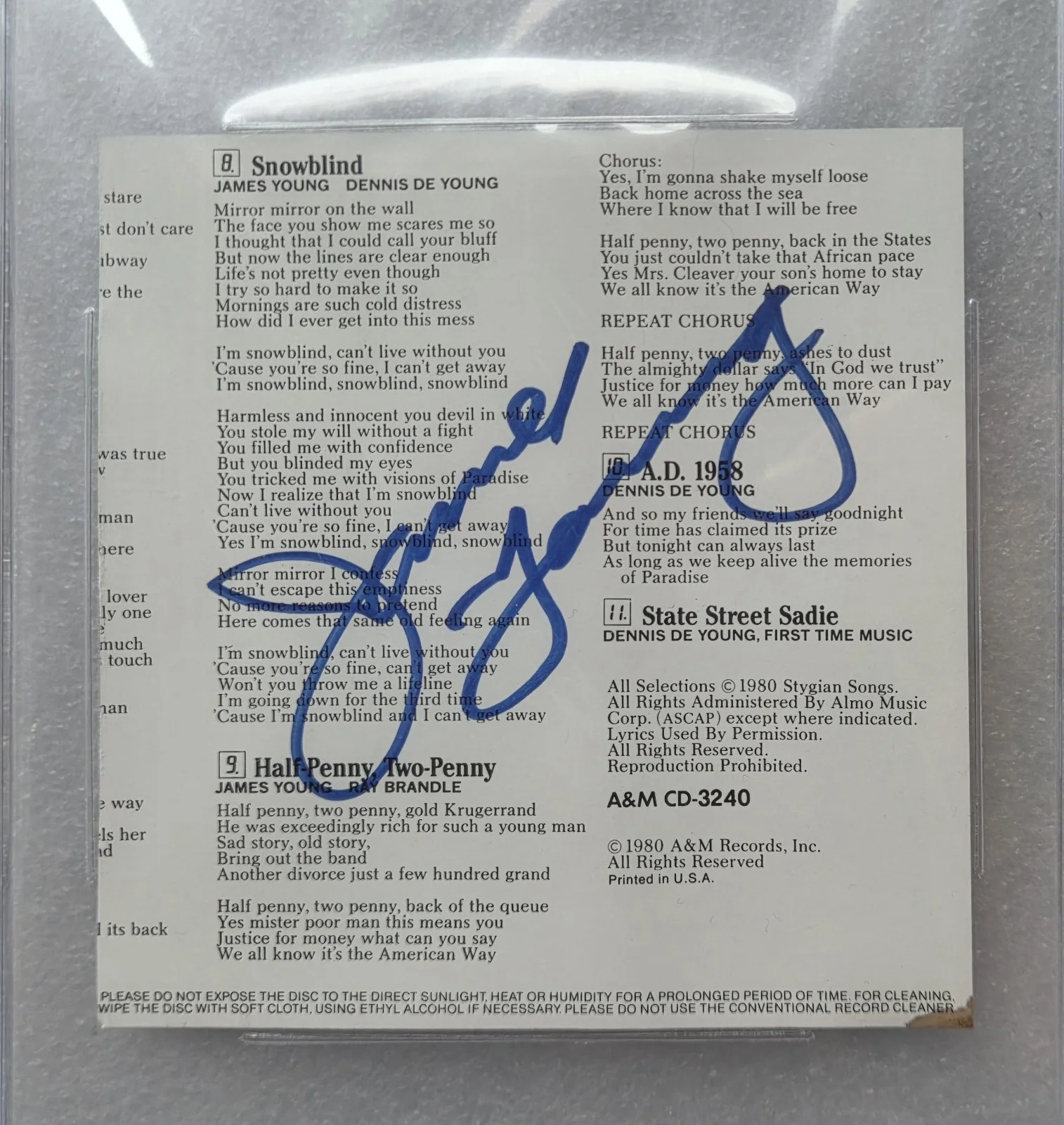 JAMES YOUNG SIGNED CD COVER BECKETT BAS COA STYX BAND AUTOGRAPHED SLABBED SLAB, изображение 3