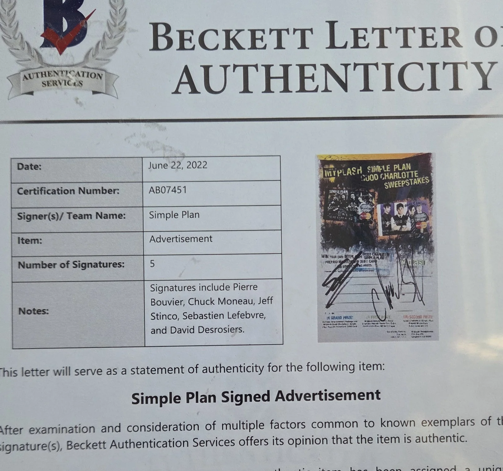 SIMPLE PLAN BAS BECKETT LOA COA SIGNED ADVERTISEMENT AUTOGRAPHED FULL LETTER, image 3