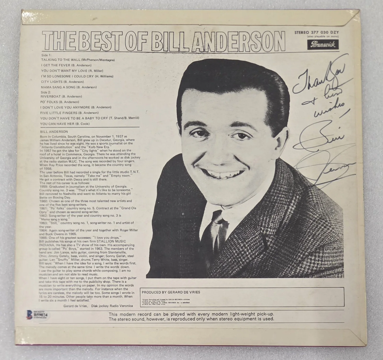 BILL ANDERSON BAS BECKETT COA SIGNED RECORD AUTOGRAPHED THE BEST OF ALBUM VINYL, изображение 3