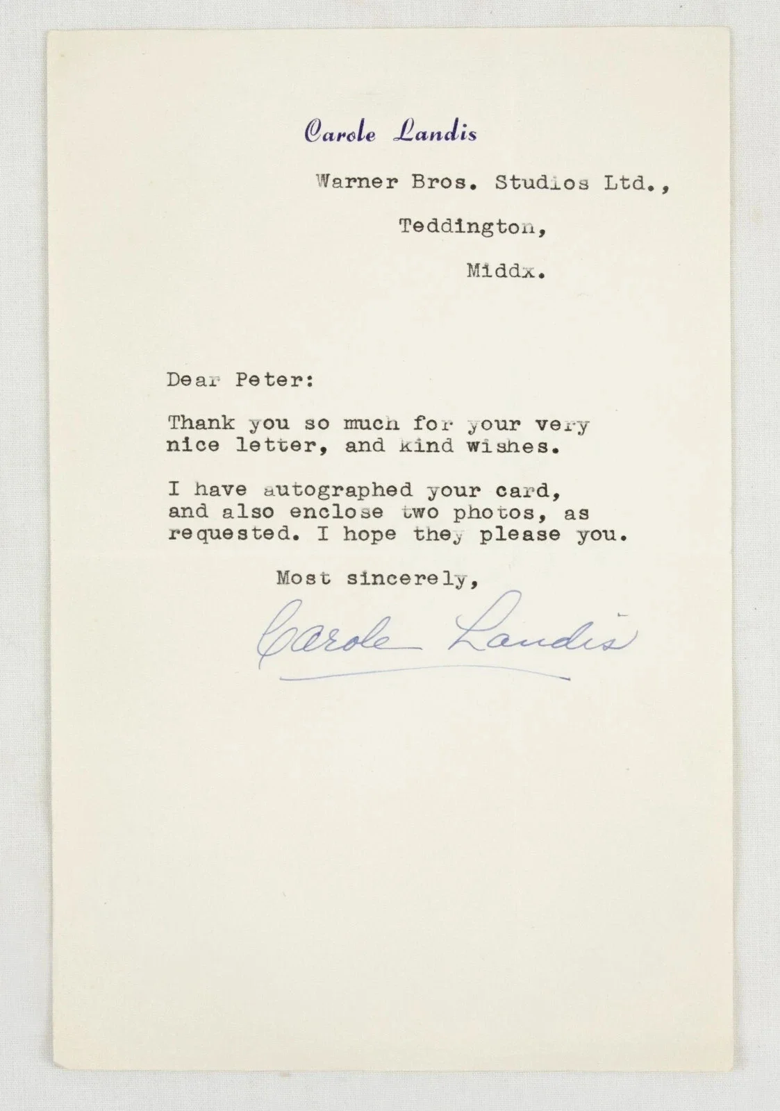 Carole Landis — CAROLE LANDIS Signed Letter 1947–48 – Hollywood Actress Autograph - Before Death, изображение 2