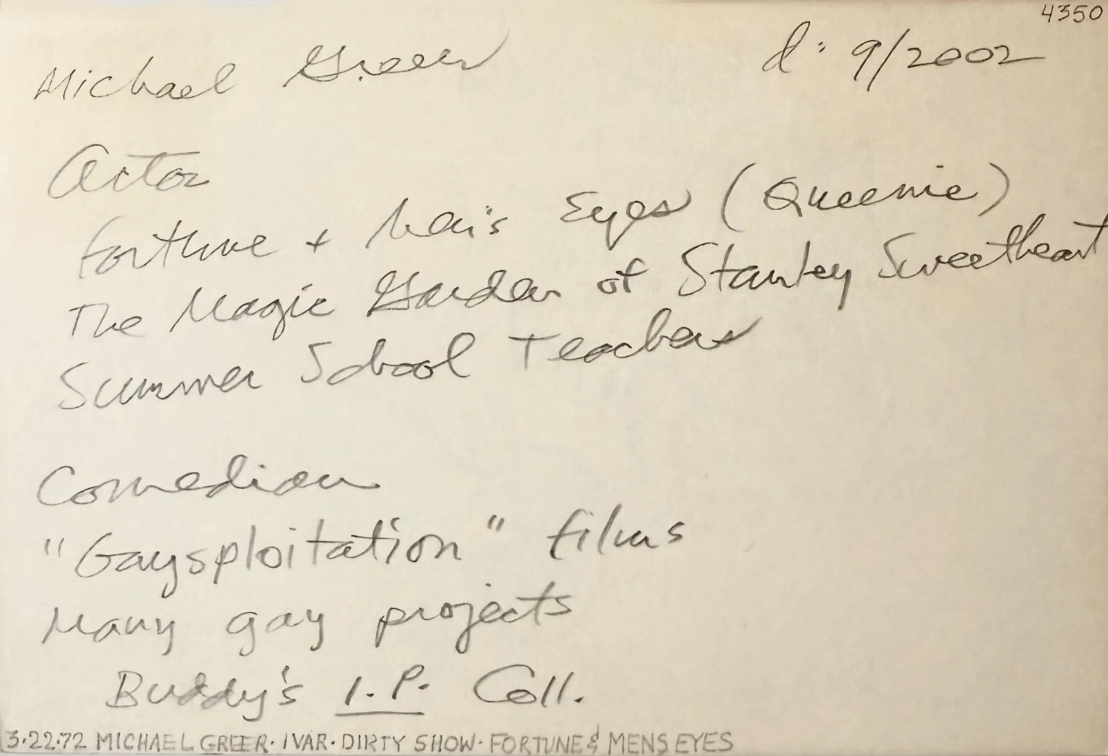 Michael Greer — MICHAEL GREER Signed Autograph 4x6 INDEX CARD The Gay Deceivers MESSIAH of EVIL, image 2