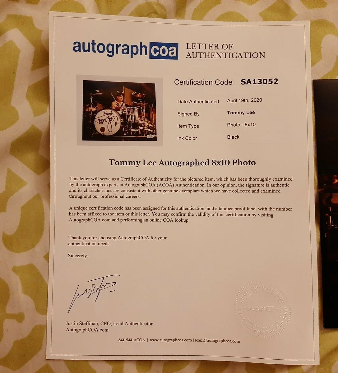 Tommy Lee Motley Crue signed autographed 8x10 photo ACOA COA LOA #SA13052, image 3