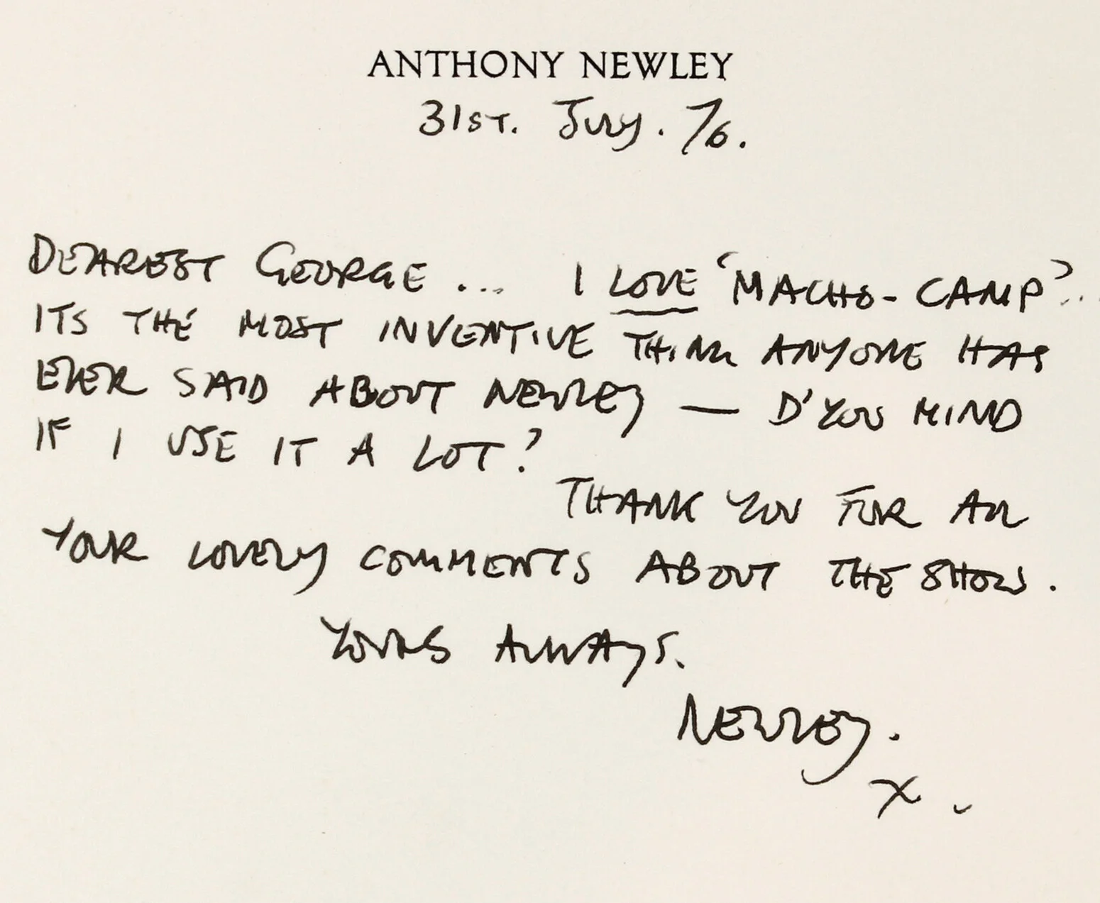 Anthony NEWLEY actor singer 1876 ORIGINAL handwritten card re: 'macho-camp', изображение 2