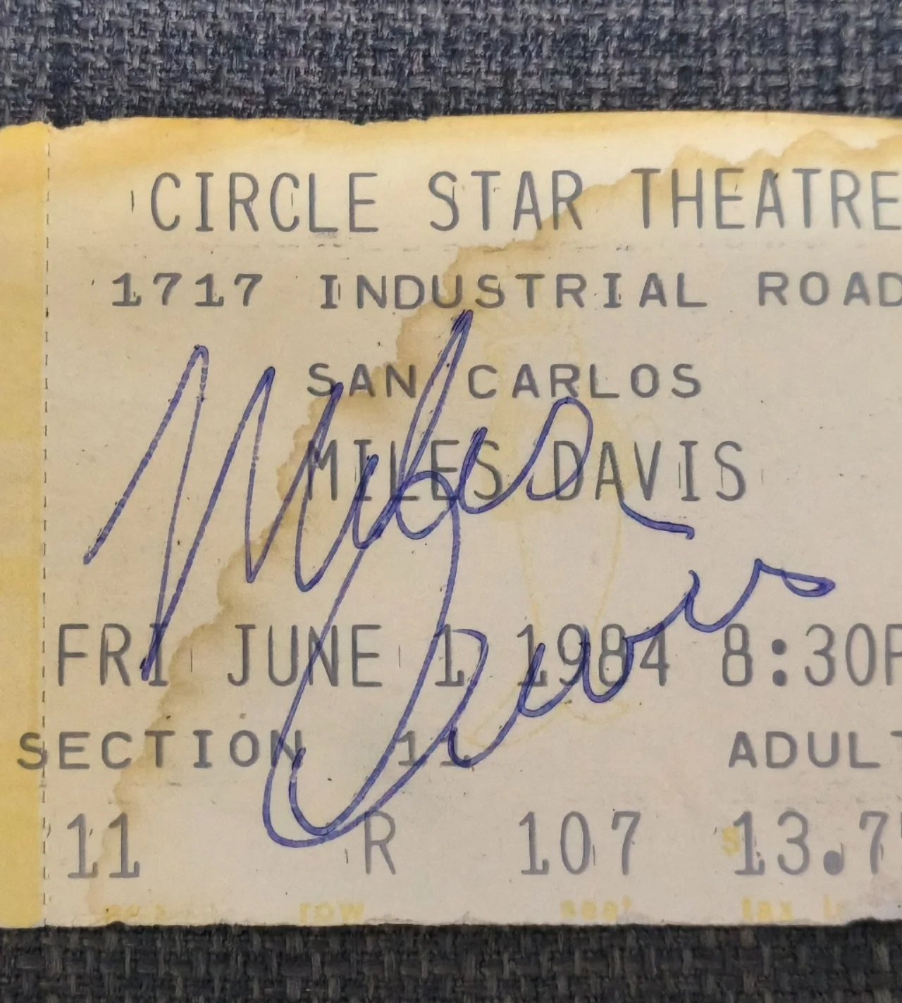 Miles Davis signed autographed stub ticket 1984 San Carlos Circle Star Theatre, изображение 2