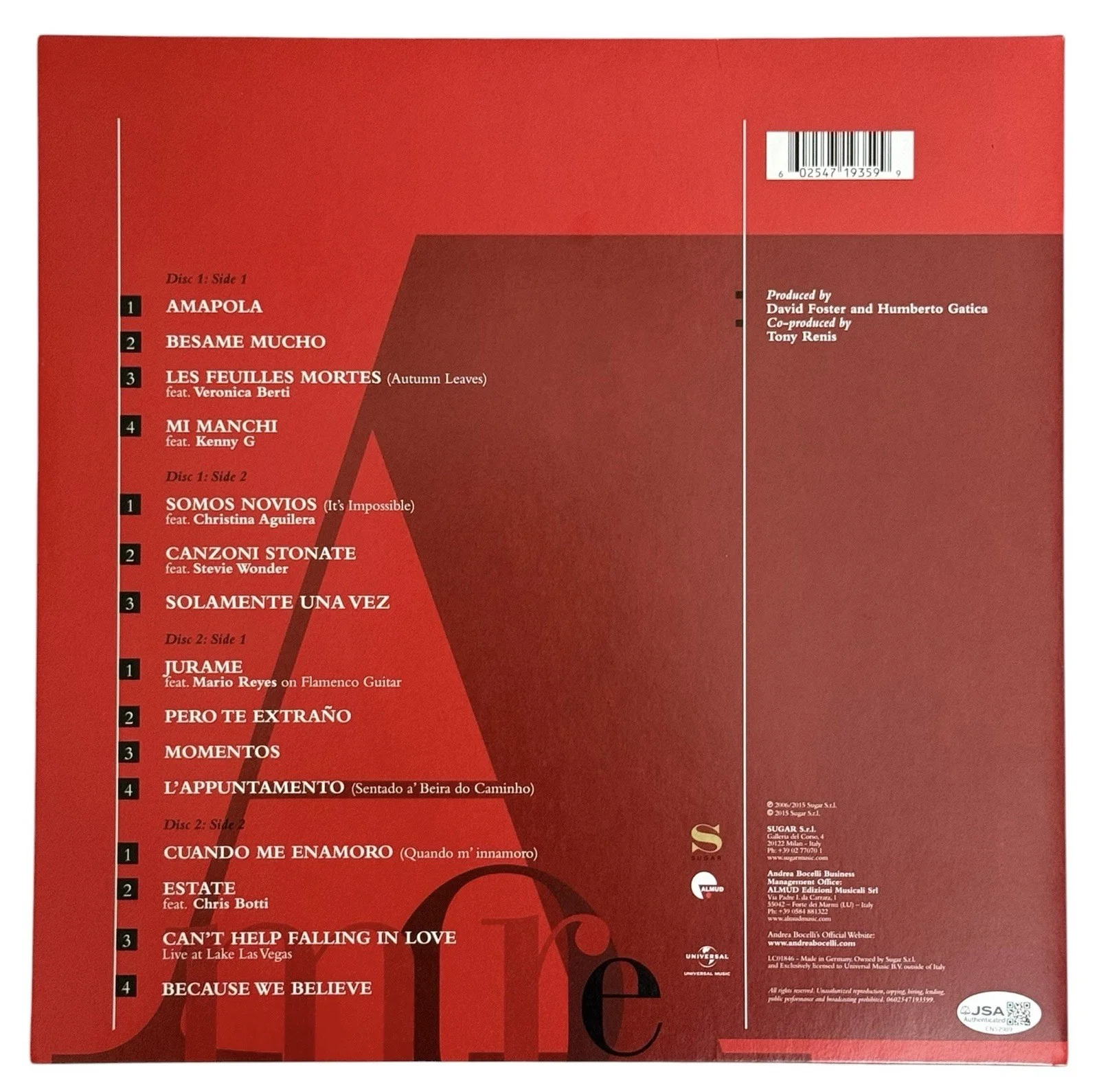 ANDREA BOCELLI SIGNED AMORE VINYL ALBUM COVER + RECORD JSA COA, изображение 2