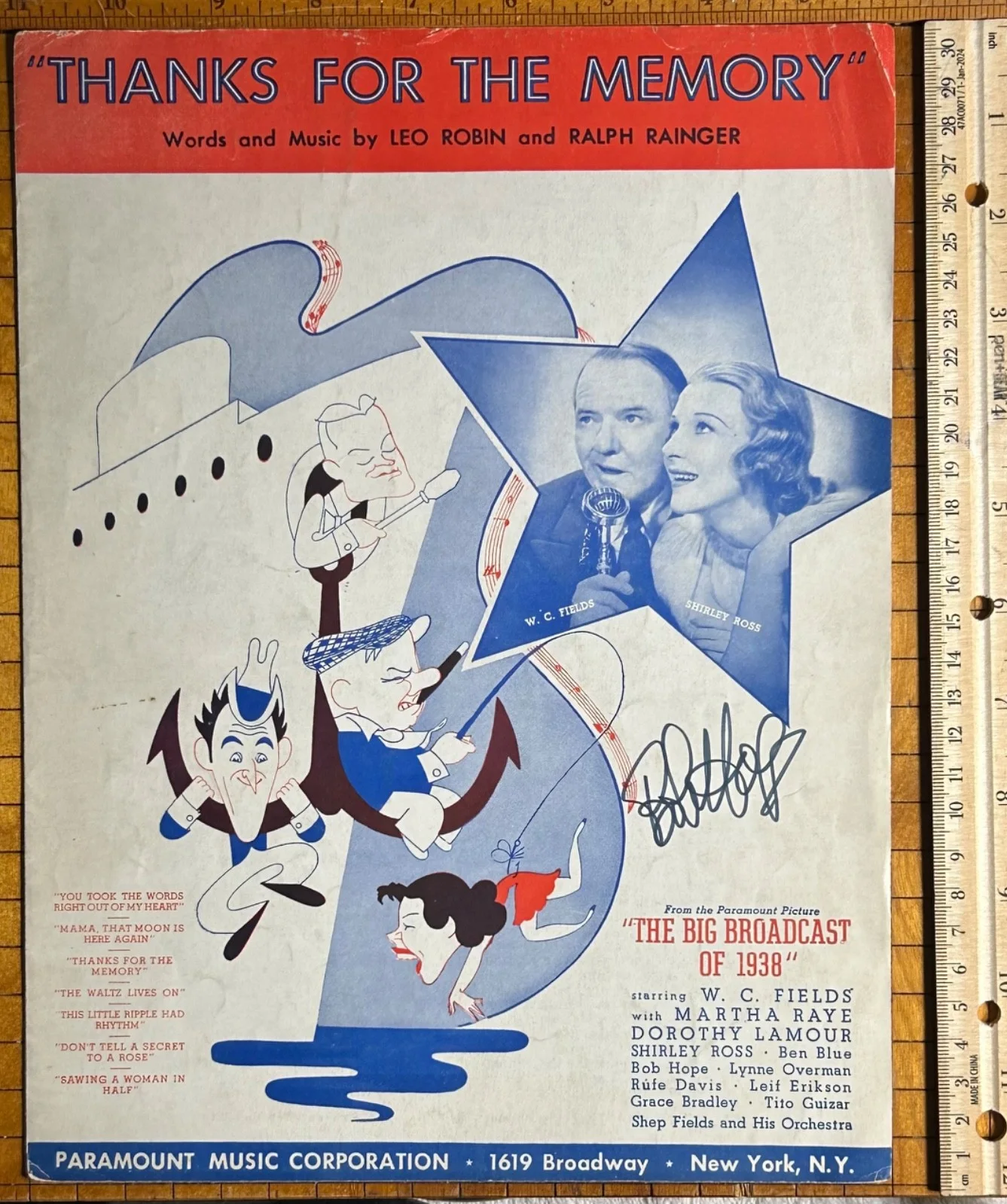 BOB HOPE—SIGNED Thanks for Memory Sheet Music—Won Oscar—Made Him Star—WC FIELDS, image 2