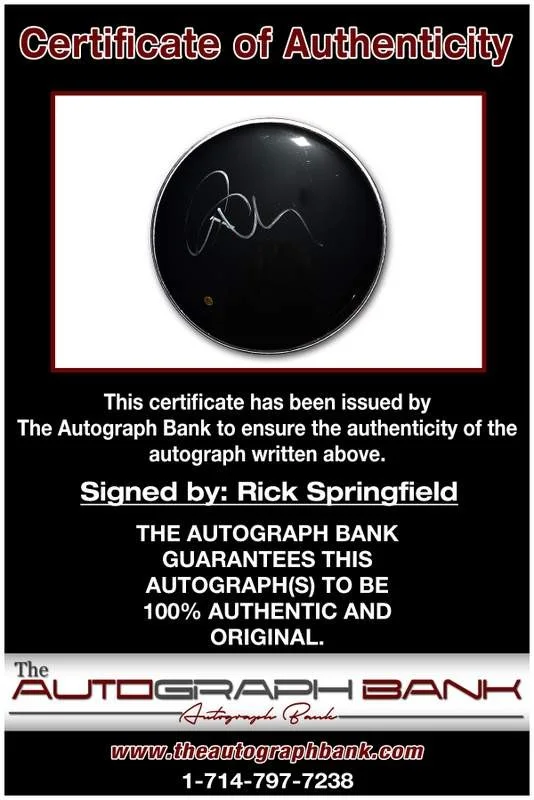 Rick Springfield — Rick Springfield authentic signed rock drumhead W/Cert Autographed A0003, image 2