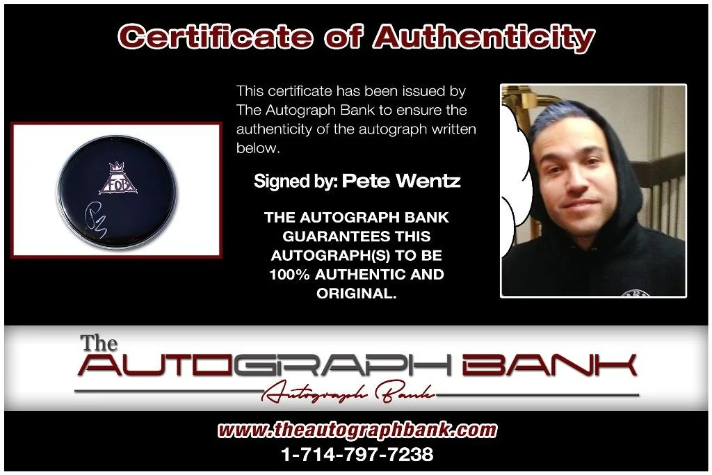 Pete Wentz — Pete Wentz Fall Out Boy authentic signed Drumhead W/Cert Autographed DH223a, image 2
