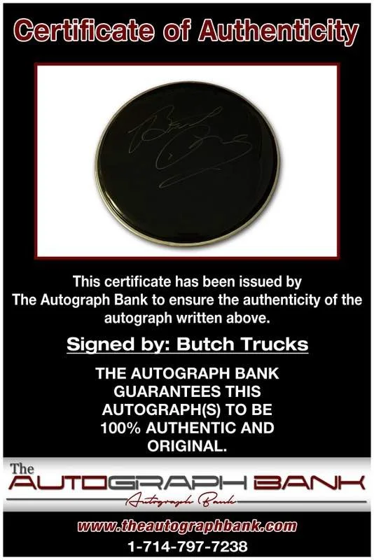 Allman Brothers — The Allman Brothers Band Butch Trucks authentic signed drumhead |CERT A0063, изображение 2