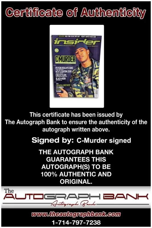 C-Murder — No Limit TRU Records C-Murder signed rap Insider Magazine /Certificate Autograph, изображение 2