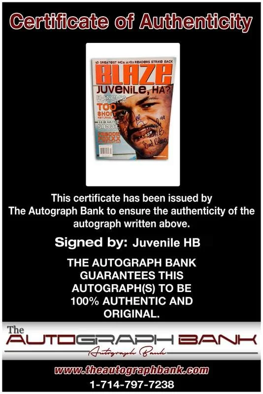 Juvenile — Hot Boys CMR Juvenile signed Blaze Magazine W/Cert Autographed (Authenticated), image 2