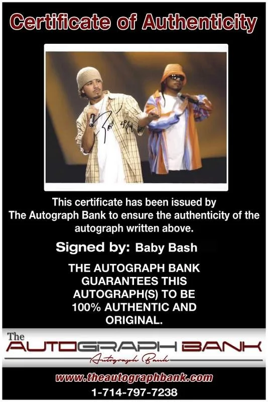 Baby Bash — Baby Bash authentic signed rap 8x10 photo W/Certificate Autographed (A0036), image 2