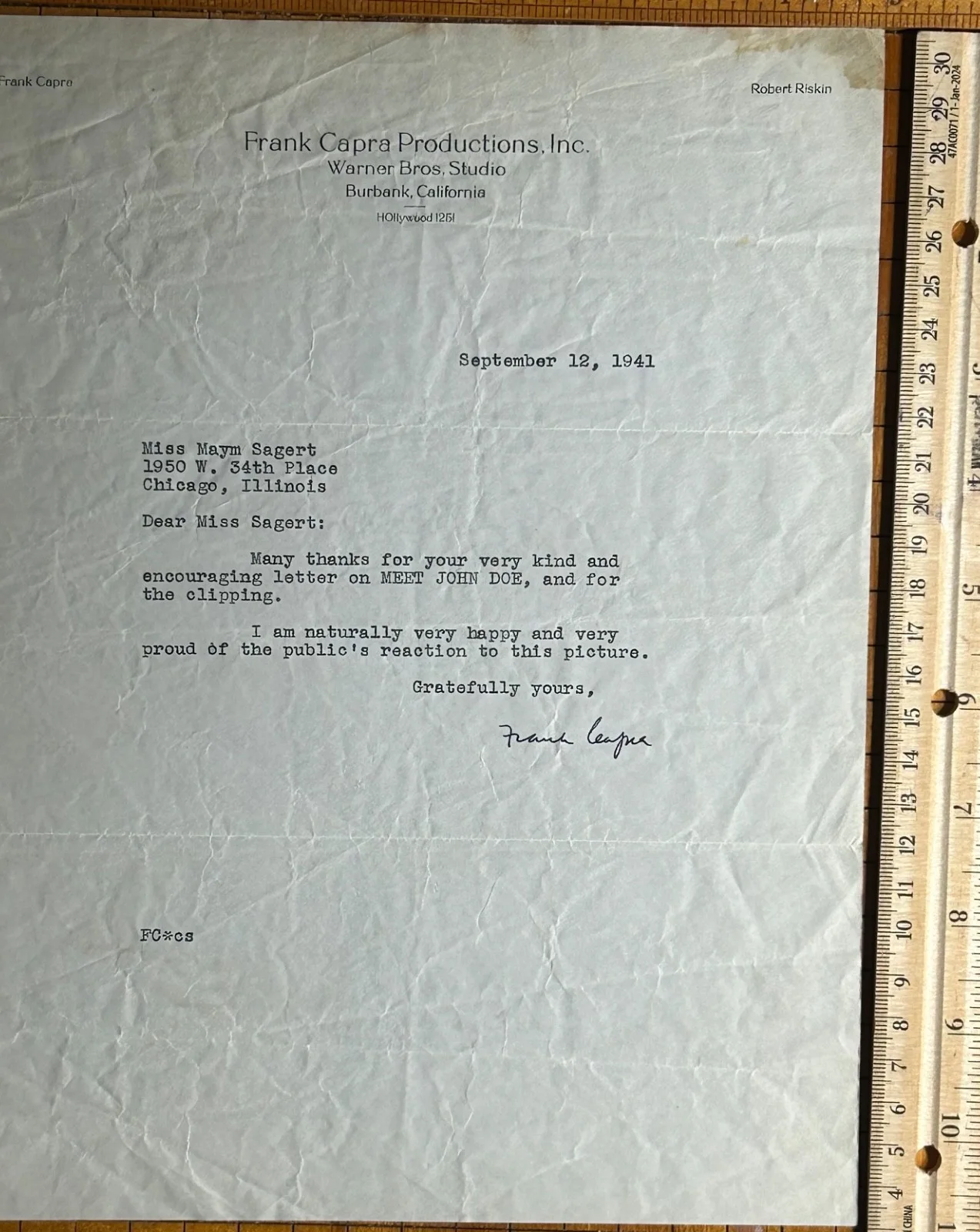 FRANK CAPRA—SIGNED 1941 Meet John Doe Letter—Oscar Comedy Director—Arsenic+Lace, image 3