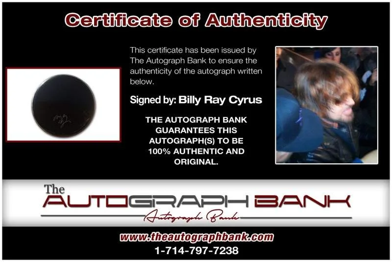 Billy Ray Cyrus — Billy Ray Cyrus authentic signed country drumhead W/Certificate Autographed (A), image 2
