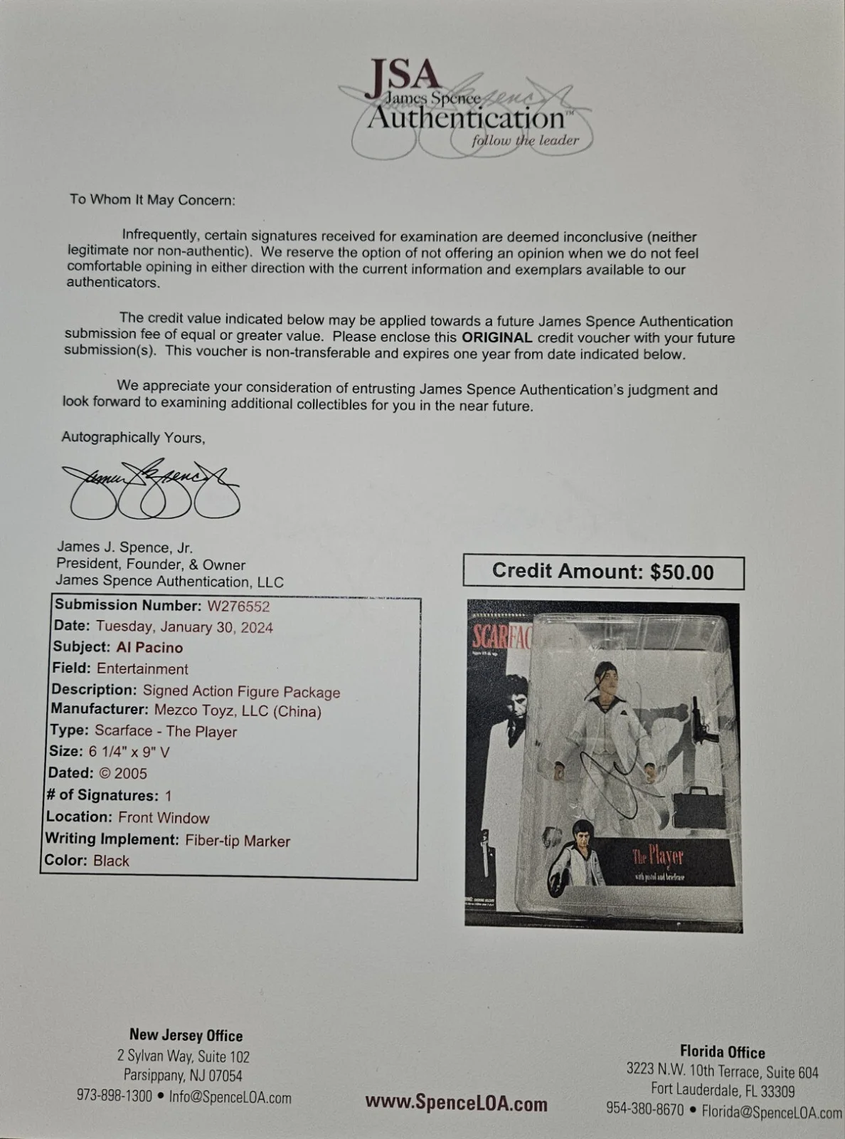 Al Pacino — AL PACINO SIGNED MEZCO THE PLAYER SCARFACE ACTION FIGURE TONY MONTANA GODFATHER, изображение 3