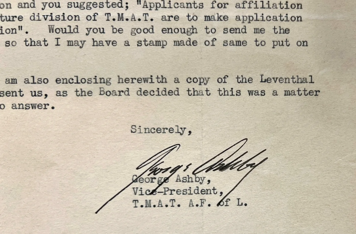 GEORGE ASHBY - PRESIDENT OF TMAT — THEATRICAL MANAGERS AGENTS AFL UNION PRESIDENT ASHBY LETTER SIGNED to SOCIALIST!, image 2