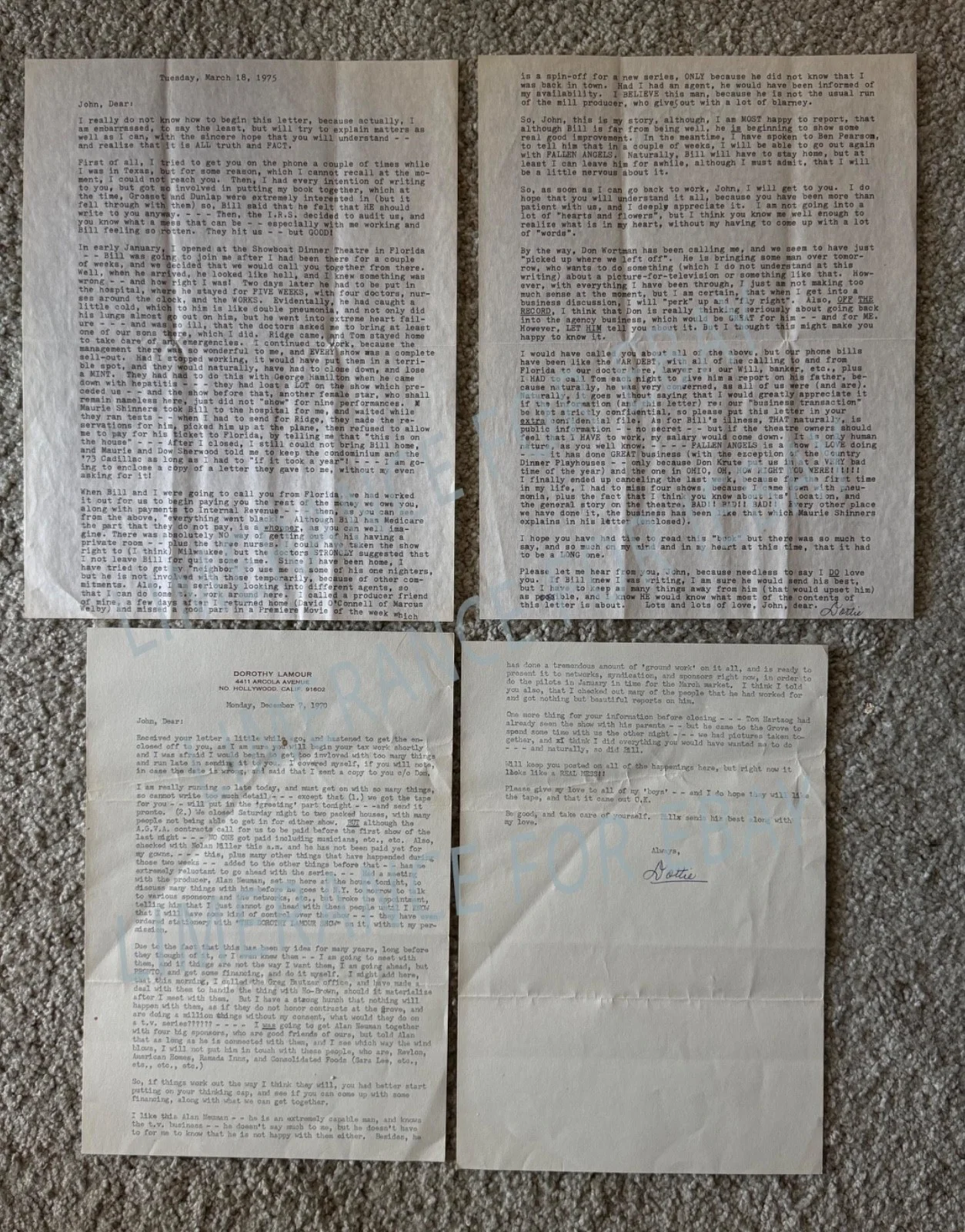 Dorothy Lamour — DOROTHY LAMOUR - 2 Typed and Signed Letters 1970 and 1975
