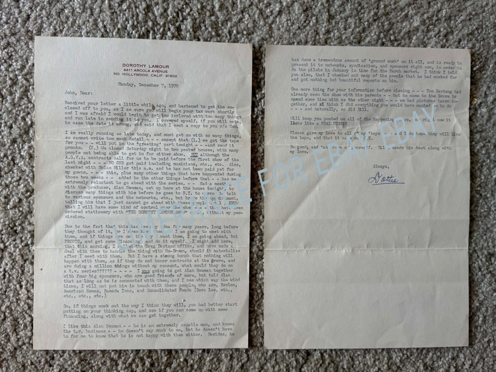 Dorothy Lamour — DOROTHY LAMOUR - 2 Typed and Signed Letters 1970 and 1975, image 3