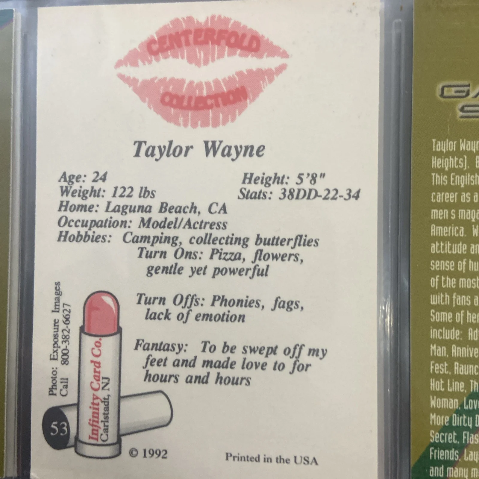 Jenna Jameson — Taylor Wayne Signed 1992 Centerfold Collection Card #53 Porn Star Autograph, изображение 2