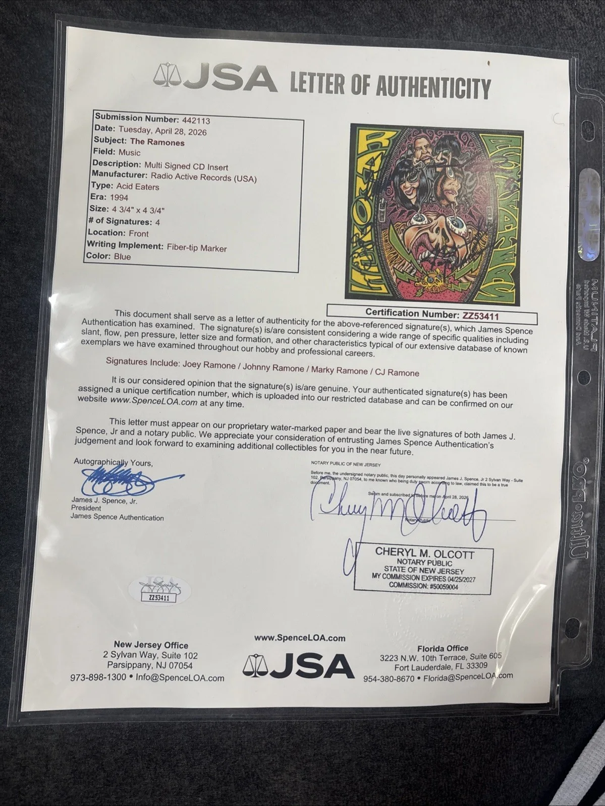 The Ramones CD Insert Signed JSA LOA ACID EATERS SUPER RARE!!!, изображение 4