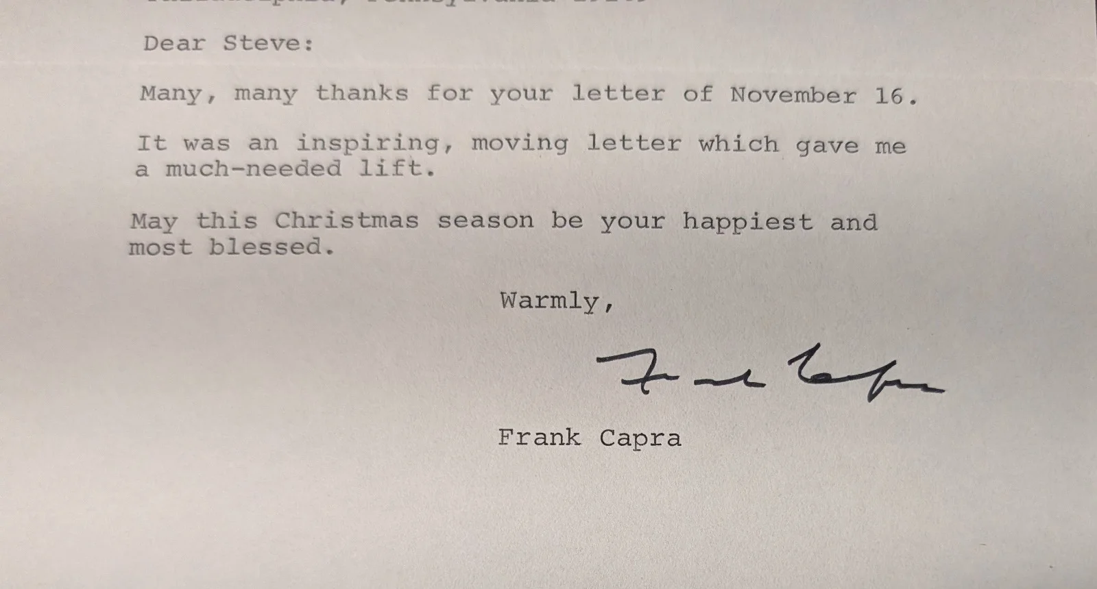 Frank Capra — WOW! Director FRANK CAPRA 1972 typed/hand-signed letter! IT'S A WONDERFUL LIFE!, image 3
