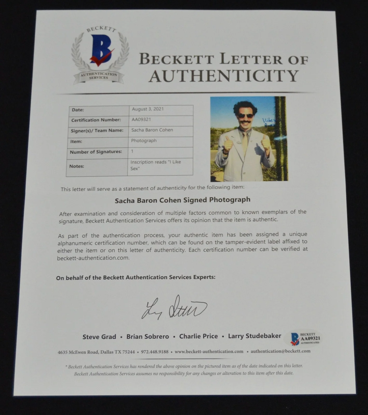 Sacha Baron Cohen — Sacha Baron Cohen Signed Borat Photo + INSCRIPTION Autograph Beckett ACOA COA, image 5