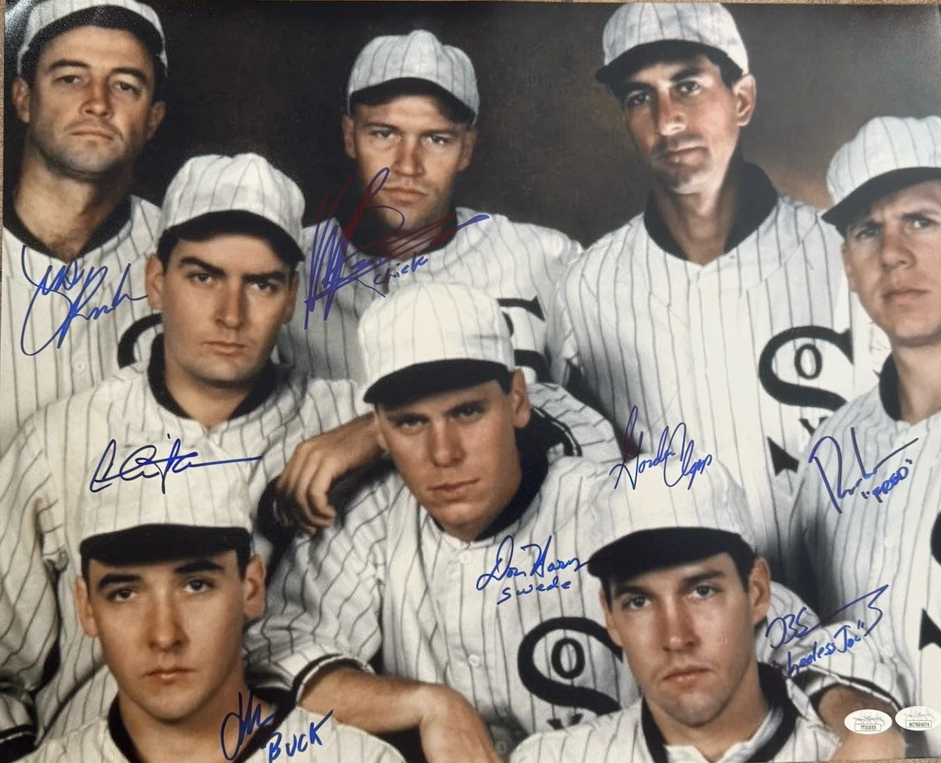 Charlie Sheen, John Cusack, Michael Rooker — Eight men out signed 16 x 20 SHEEN , Cusack , Rooker , DB Sweeney 4 Others JSA