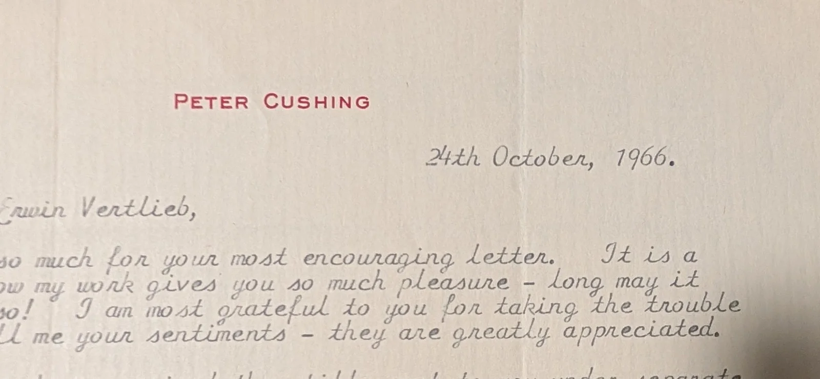 Peter Cushing — PETER CUSHING 10/24/66 TYPED/SIGNED LETTERHEAD! FRANKENSTEIN/DRACULA! STAR WARS!, изображение 3