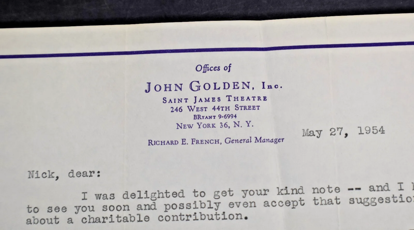 *SIGNED* John Golden on St James Theatre Letter to Nicholas Schenk, image 2