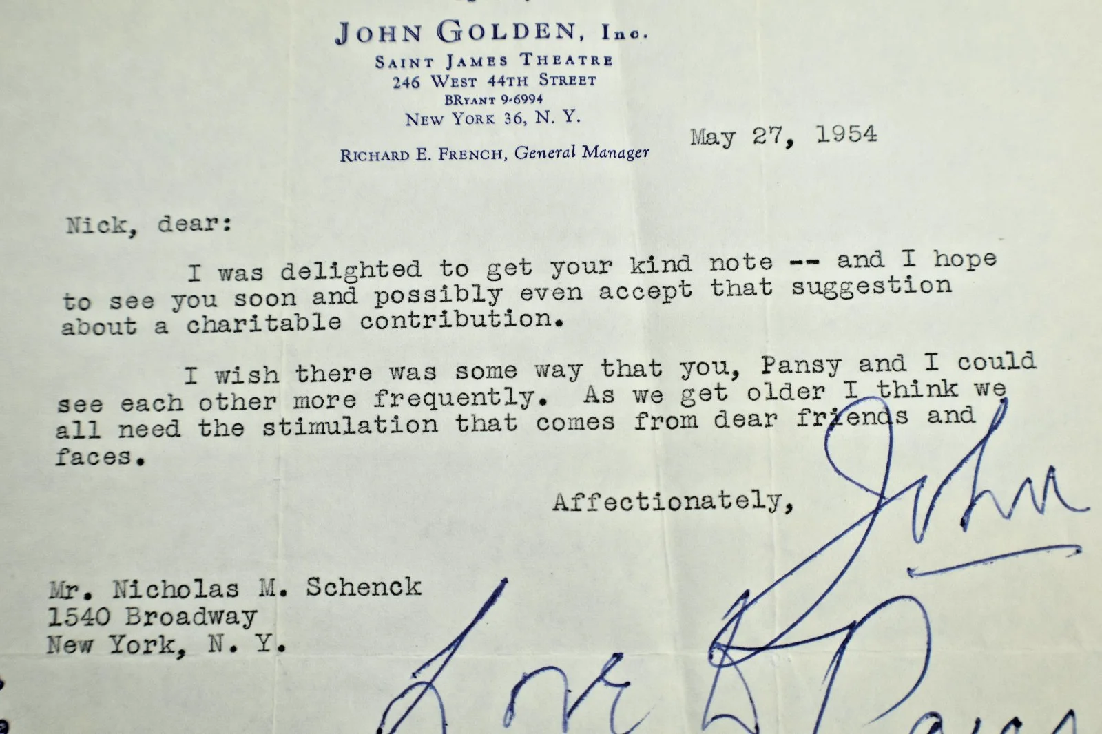 *SIGNED* John Golden on St James Theatre Letter to Nicholas Schenk, image 3