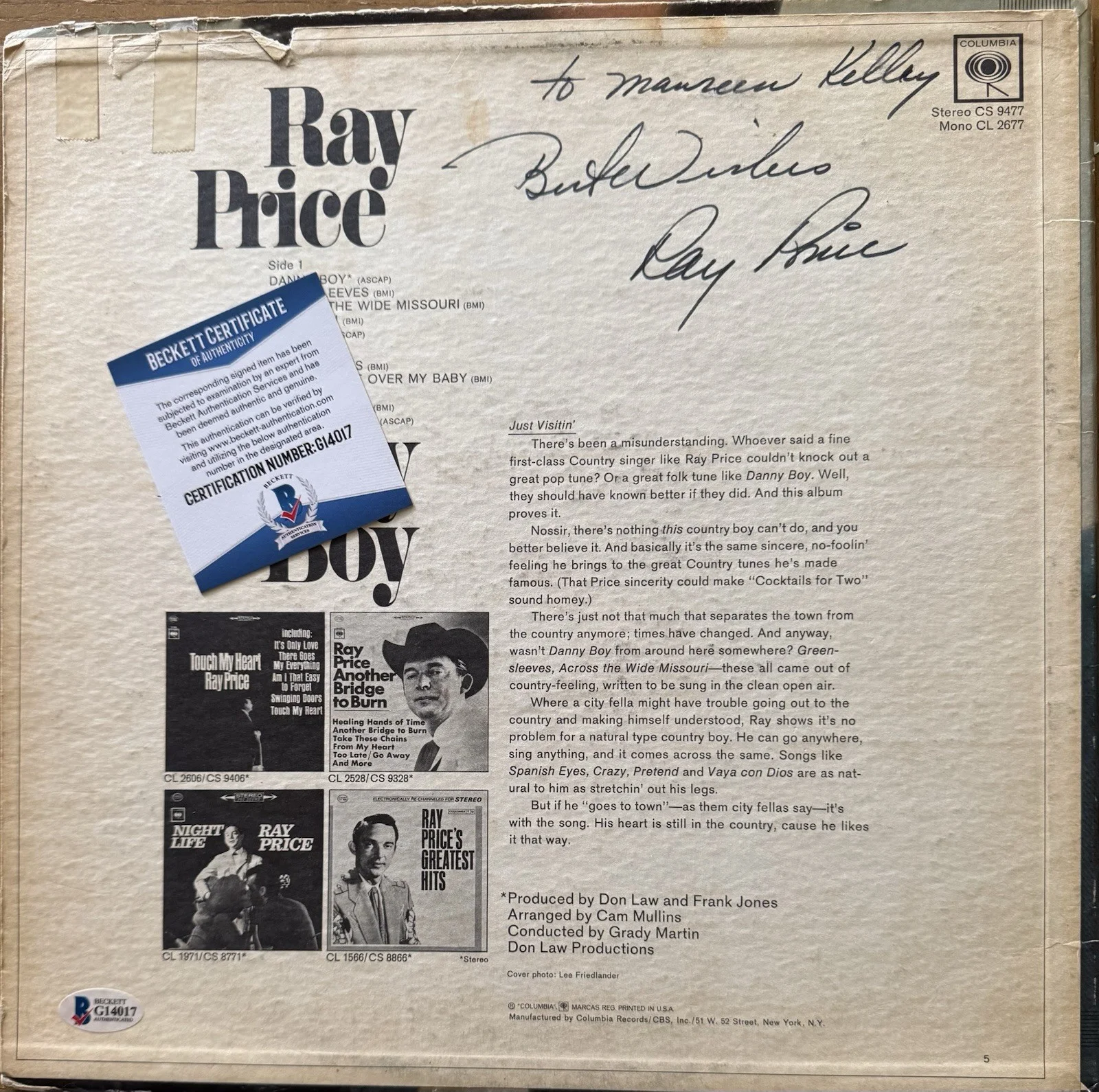 Ray Price Signed Album Cover ONLY Beckett (BAS) country music singer songwriter￼, изображение 3