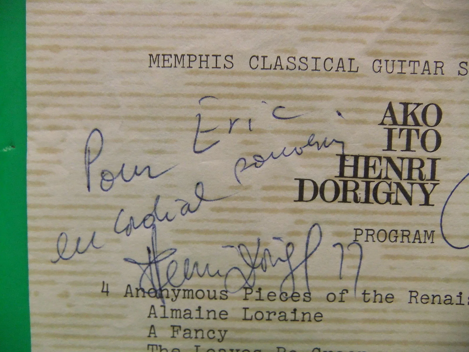 Ako Ito & Henri Dorigny Autographed Concert Hand Bill Memphis TN 1970's Signed, изображение 2