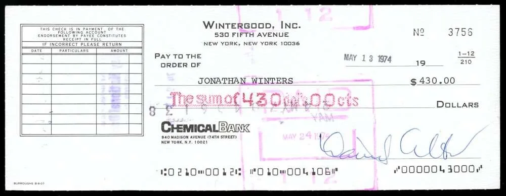 Jonathan Winters — Jonathan Winters PSA DNA Coa Signed 1974 Personal Check Autographed, image 2