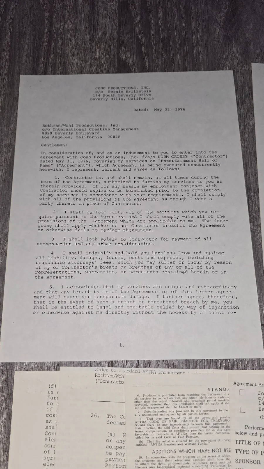 NORM CROSBY Signed 1976 AFTRA Contract Entertainment Hall of Fame Hollywood CA, изображение 2