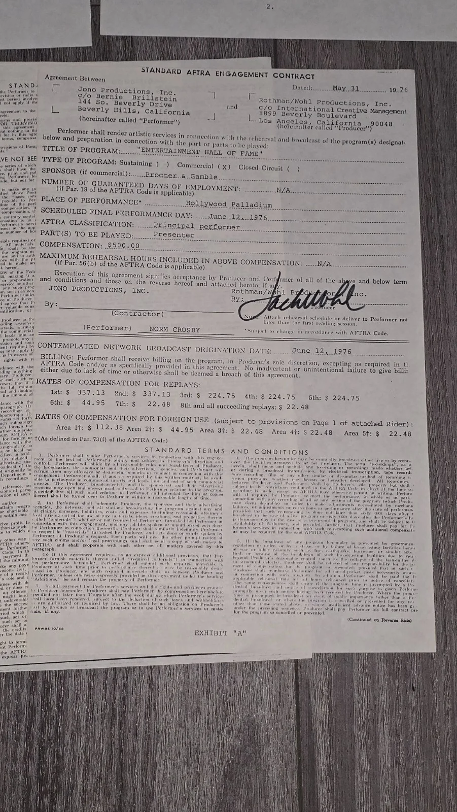 NORM CROSBY Signed 1976 AFTRA Contract Entertainment Hall of Fame Hollywood CA, изображение 5