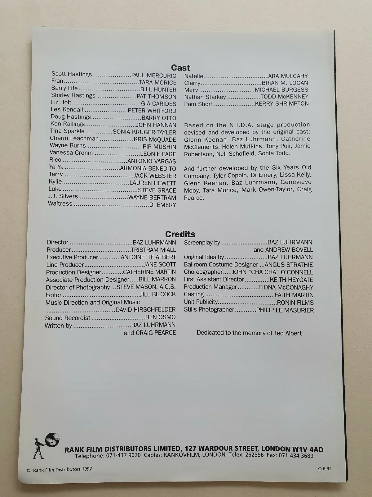 STRICTLY BALLROOM - 2 VINTAGE PRESS INFO SYNOPSIS BOOKLETS - PAUL MERCURIO, изображение 3