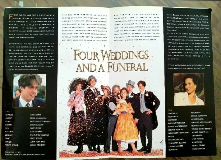 FOUR WEDDINGS AND A FUNERAL - HIGH QUALITY ORIGINAL GLOSSY SYNOPSIS BOOKLET CARD, изображение 2