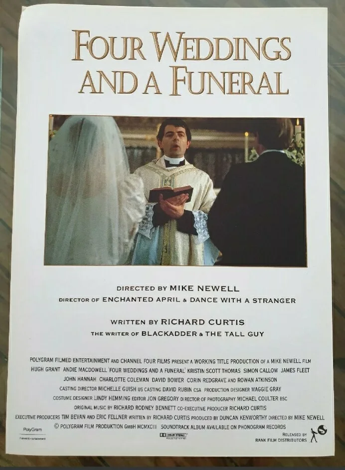 FOUR WEDDINGS AND A FUNERAL - HIGH QUALITY ORIGINAL GLOSSY SYNOPSIS BOOKLET CARD, изображение 3